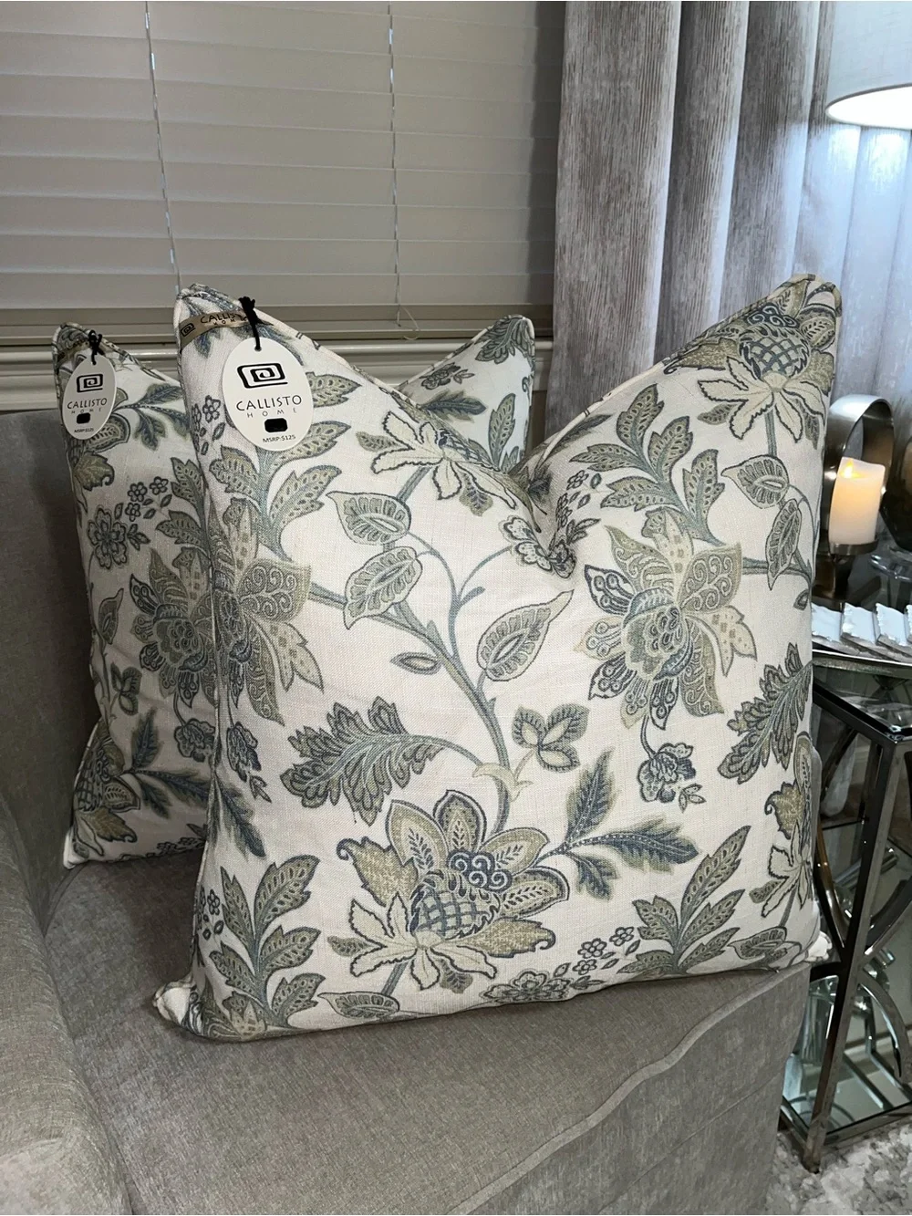 1-NWT CALLISTO HOME  GREEN JACOBEANS FLORAL DESIGN DECORATIVE PILLOW(T00871F11)